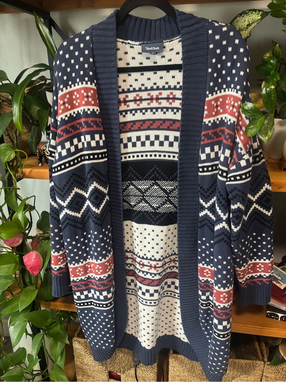 Modcloth Fair Isle Long Line Open Front Cardigan Sweater | Medium - Picture 2 of 6